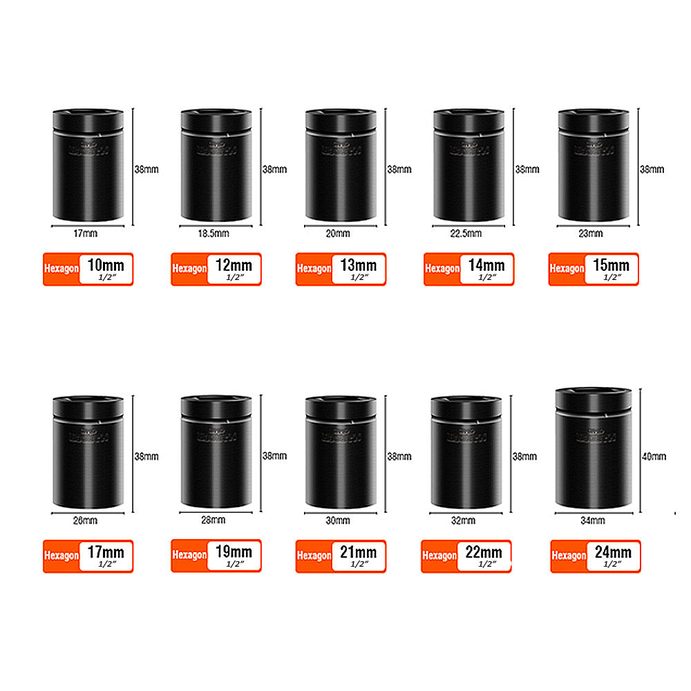 Set de 10 copas hexagonales de 1/2"