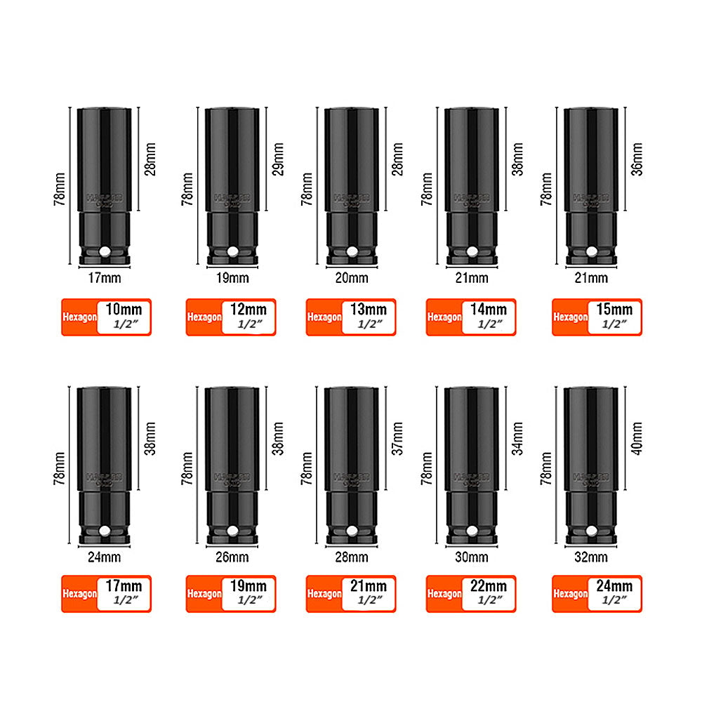 Set de 10 copas hexagonales largas de 1/2"
