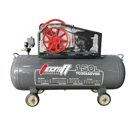 Compresor Profesional de Polea marca Tecraft Industry de 150L 3HP con conexiona 110v.