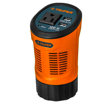 Inversor de corriente 120 W tipo vaso, 2 puertos USB, Truper.