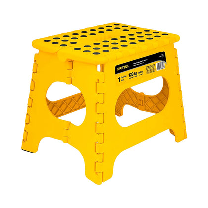 Banco plegable, soporta hasta 120 kg, con antiderrapante.