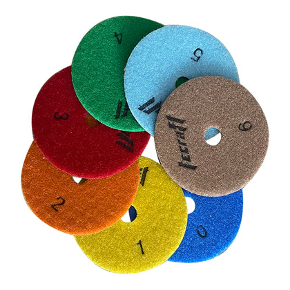 Set de discos para pulir mármol 7pzas marca Tecraft Industry de siete pasos en grano: 50-100-200-400-800-1500-3000.